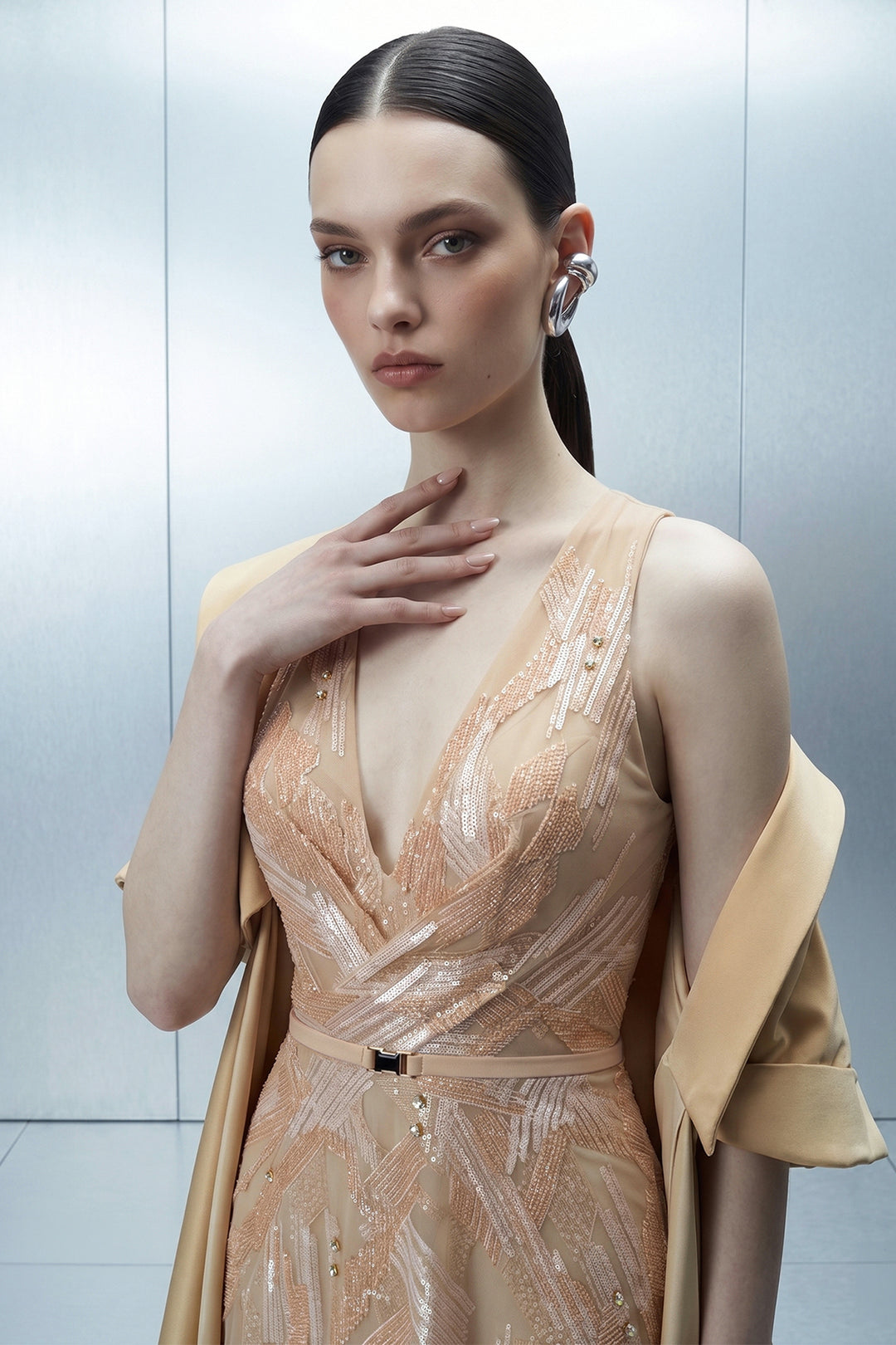 Geometric Embroidered Tulle Dress with Sweeping Coat