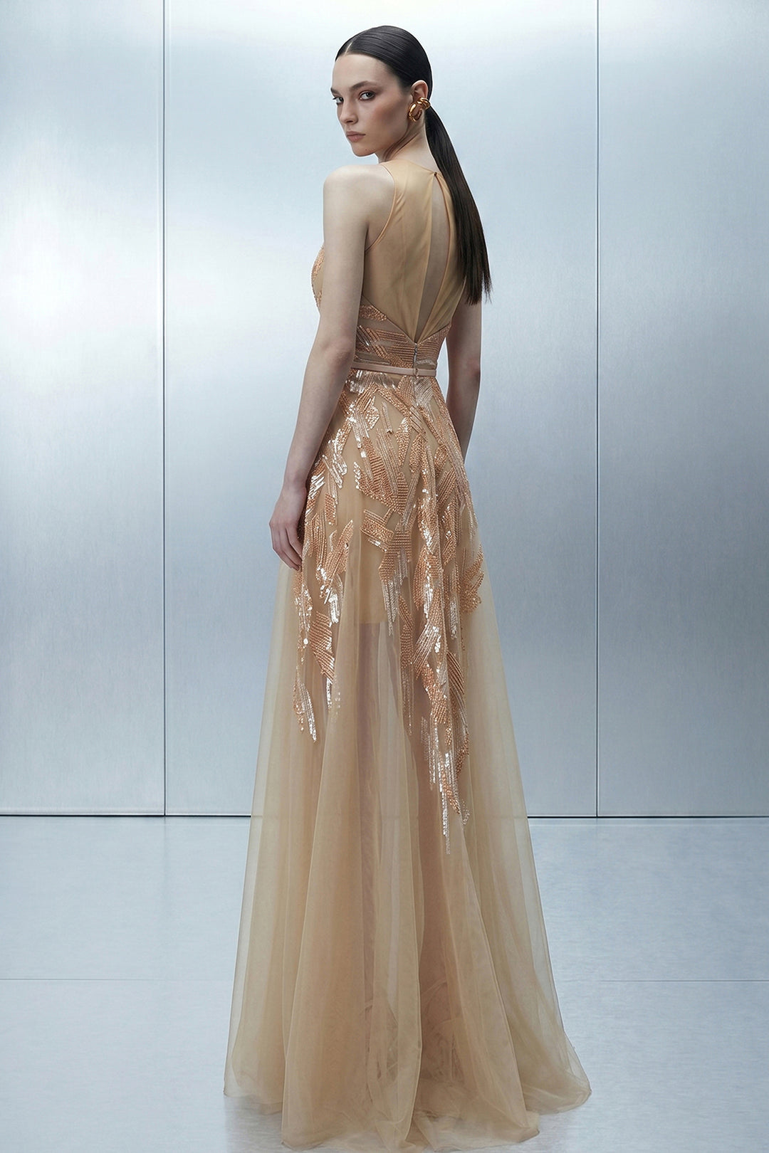 Embellished V-Neck Dress with Shoulder Cape