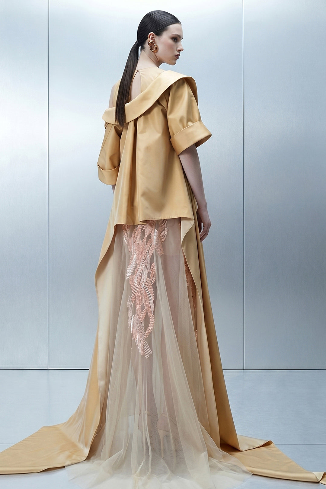 Embellished V-Neck Dress with Shoulder Cape