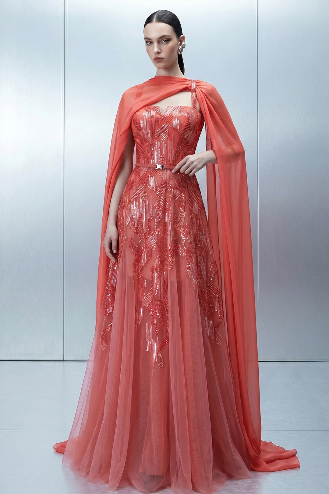 Embellished Dress with Asymmetrical Sheer Cape