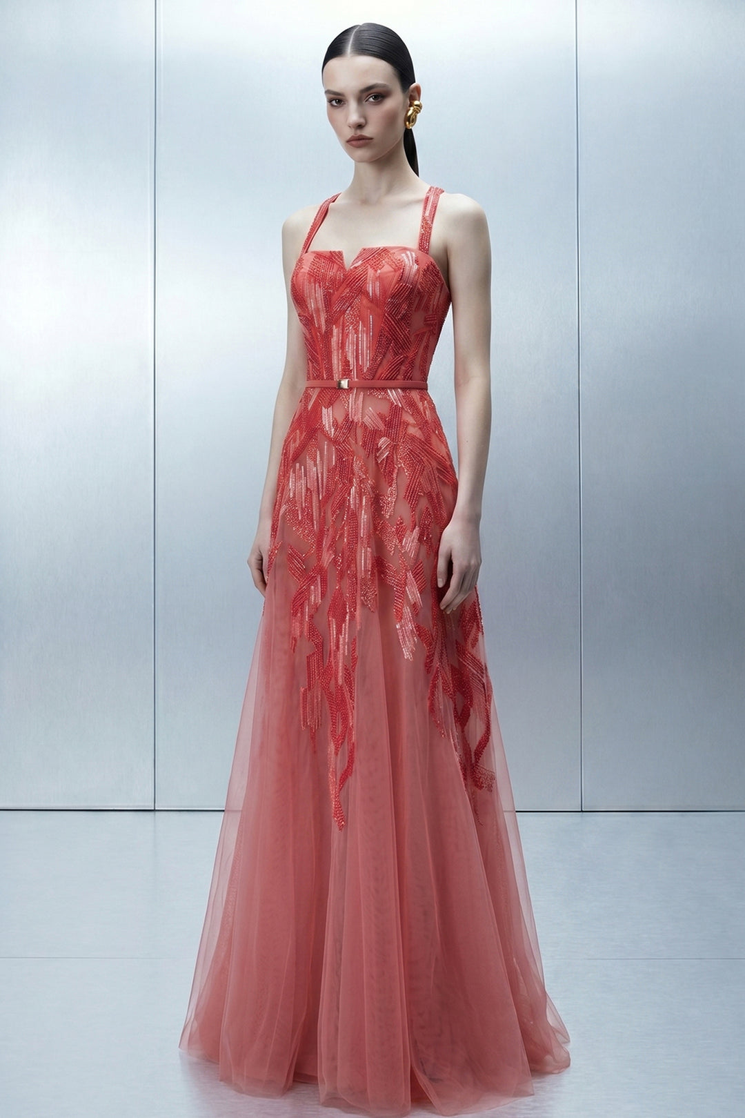 Embellished Dress with Asymmetrical Sheer Cape