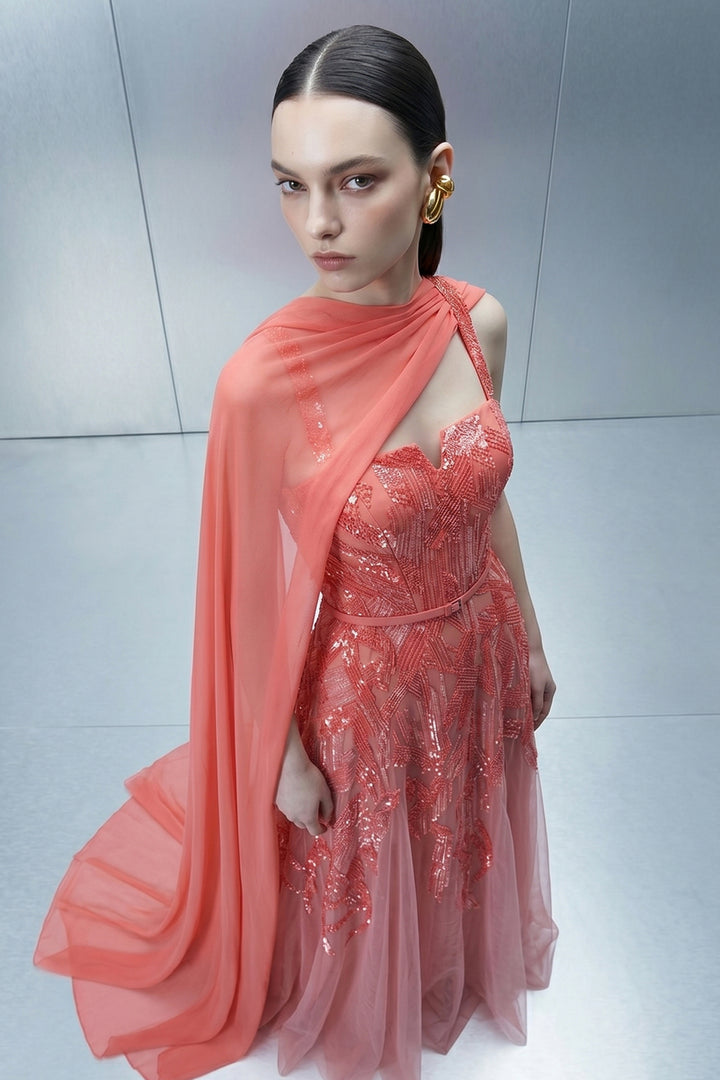 Embellished Dress with Asymmetrical Sheer Cape
