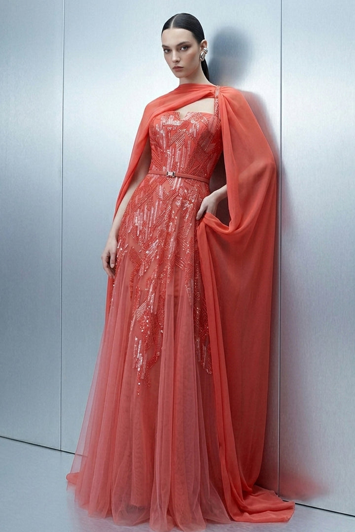 Embellished Dress with Asymmetrical Sheer Cape