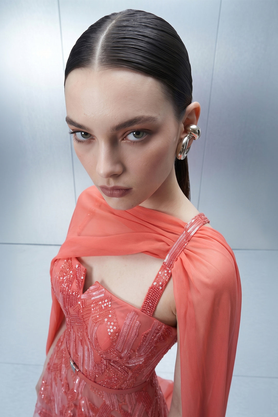 Embellished Dress with Asymmetrical Sheer Cape