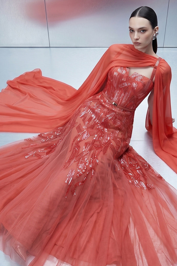 Embellished Dress with Asymmetrical Sheer Cape