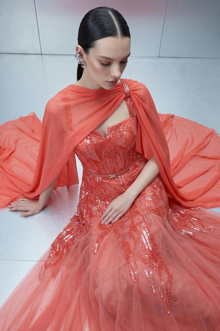 Embellished Dress with Asymmetrical Sheer Cape