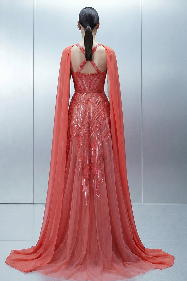 Embellished Dress with Asymmetrical Sheer Cape