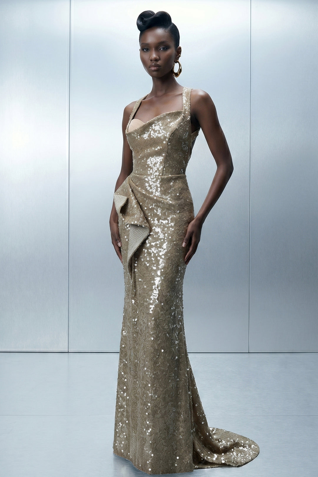 Asymmetrical Column Dress with Architectural Bustier