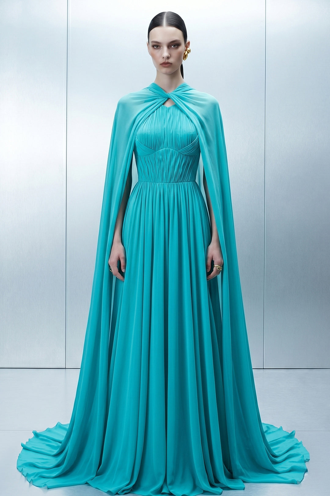 Micro-Pleated Corset Dress with Halter Cape