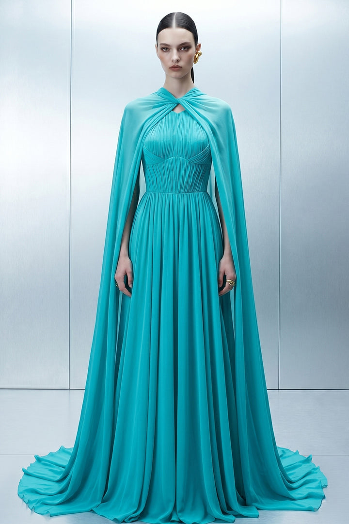 Micro-Pleated Corset Dress with Halter Cape
