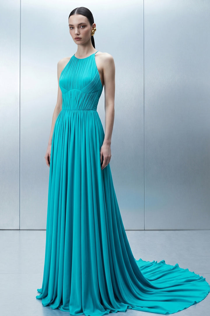 Micro-Pleated Corset Dress with Halter Cape