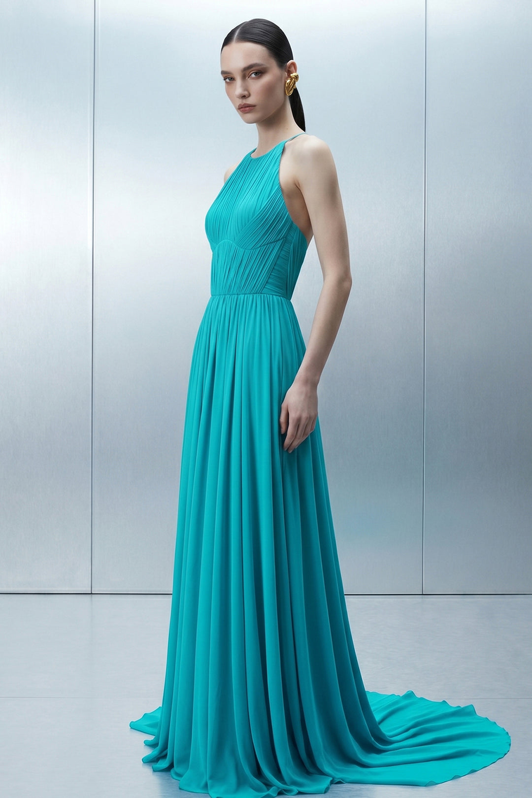 Micro-Pleated Corset Dress with Halter Cape