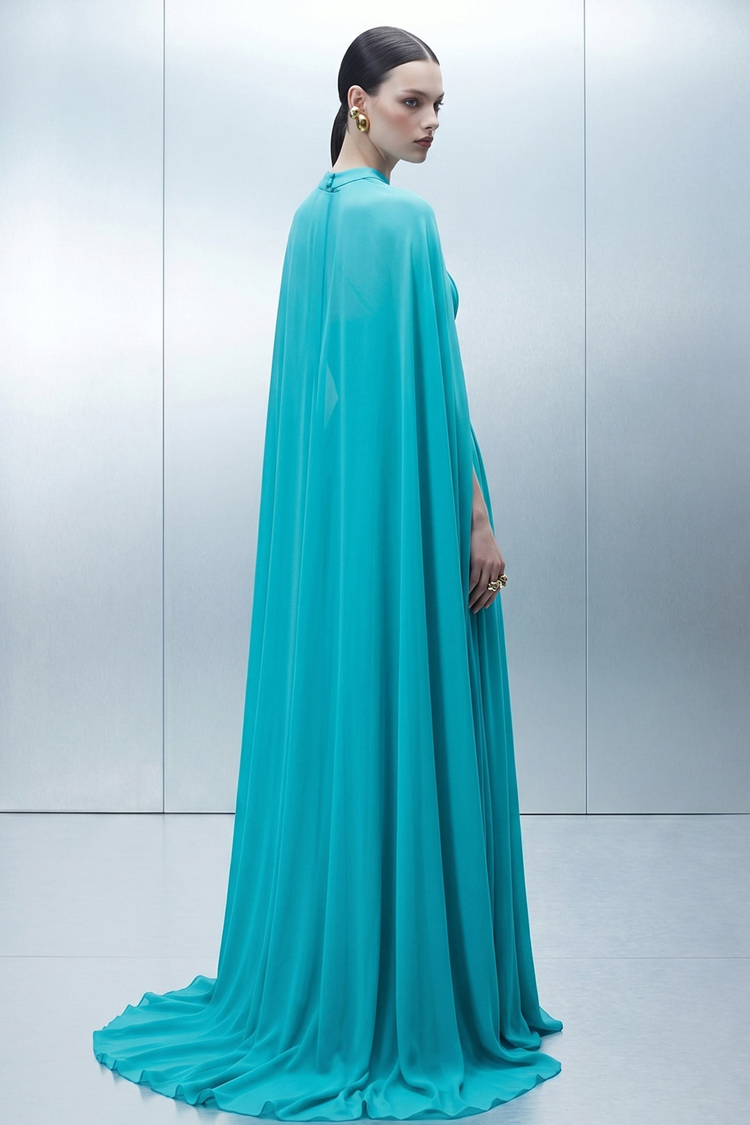 Micro-Pleated Corset Dress with Halter Cape Turquoise / FR 54