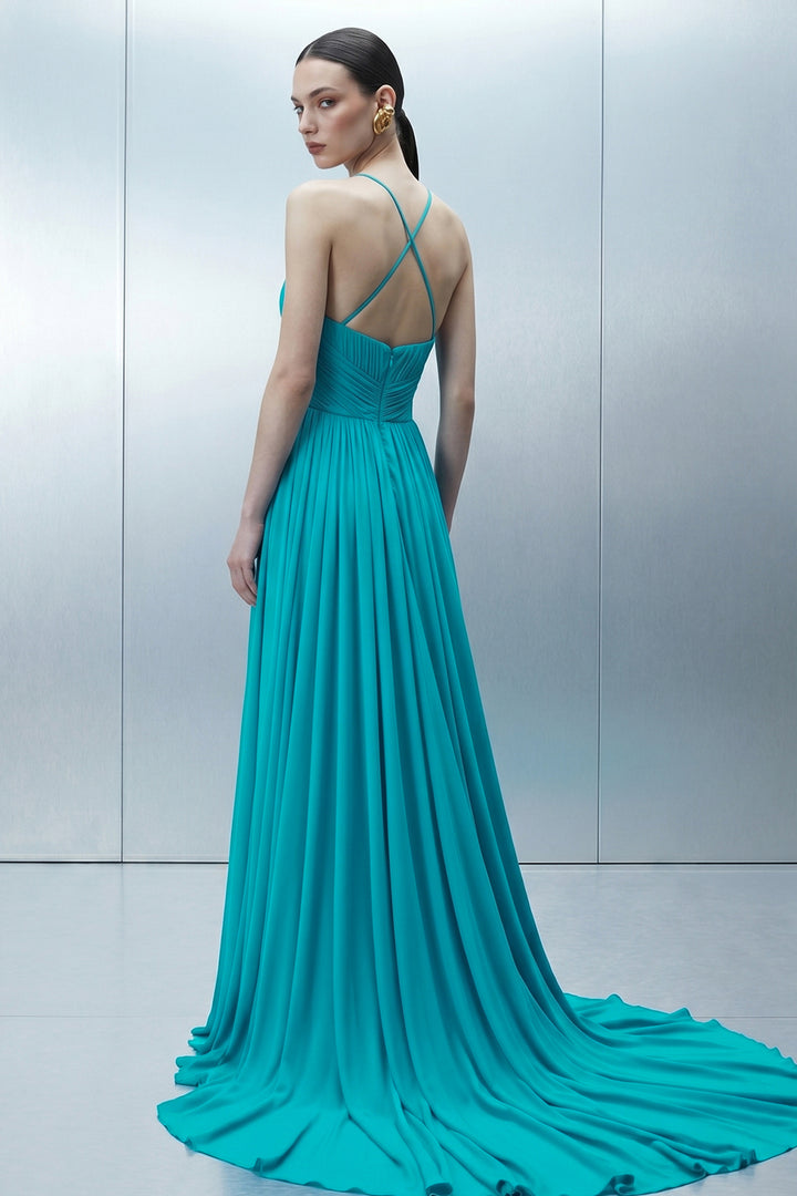 Micro-Pleated Corset Dress with Halter Cape