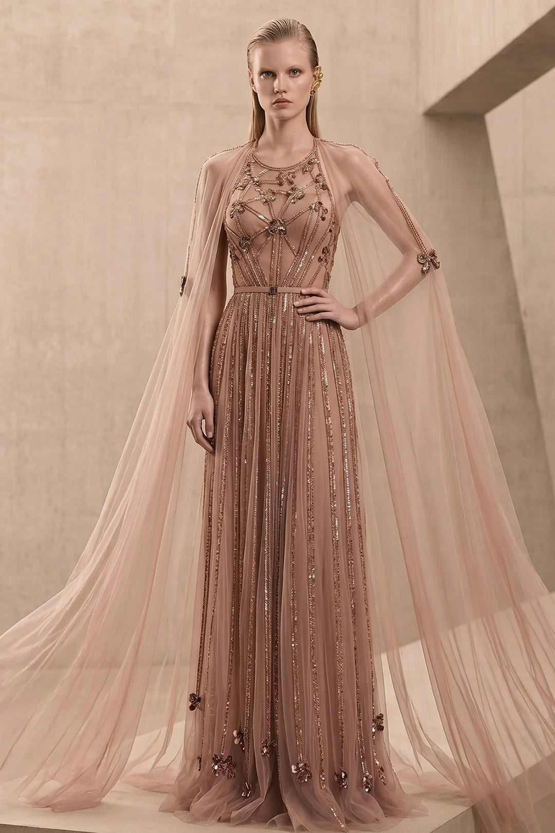 Sequinned Tulle A-Line Dress with Sheer Cape