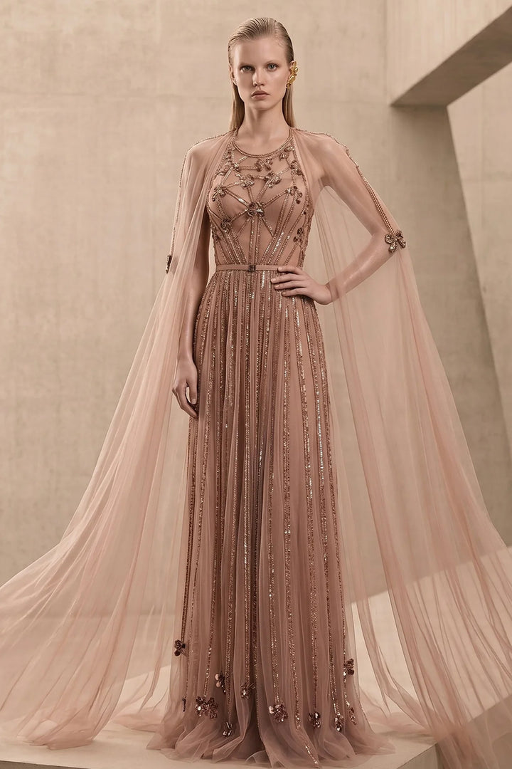 Sequinned Tulle A-Line Dress with Sheer Cape