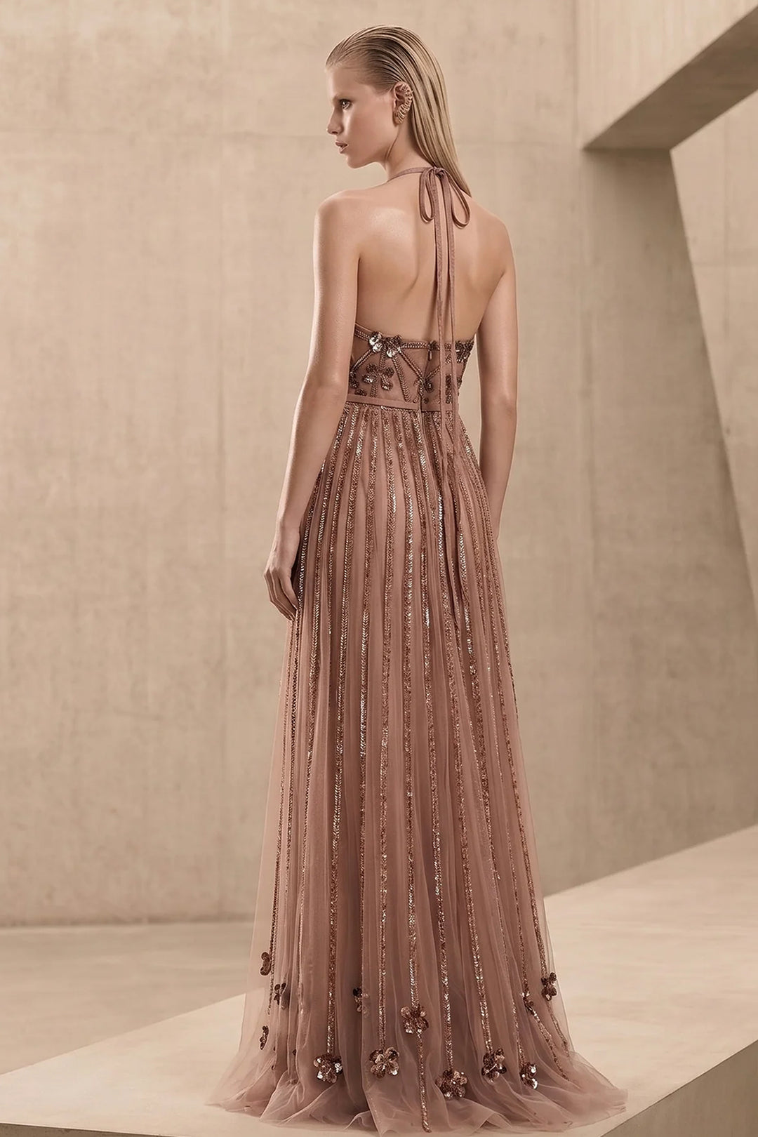 Sequinned Tulle A-Line Dress with Sheer Cape