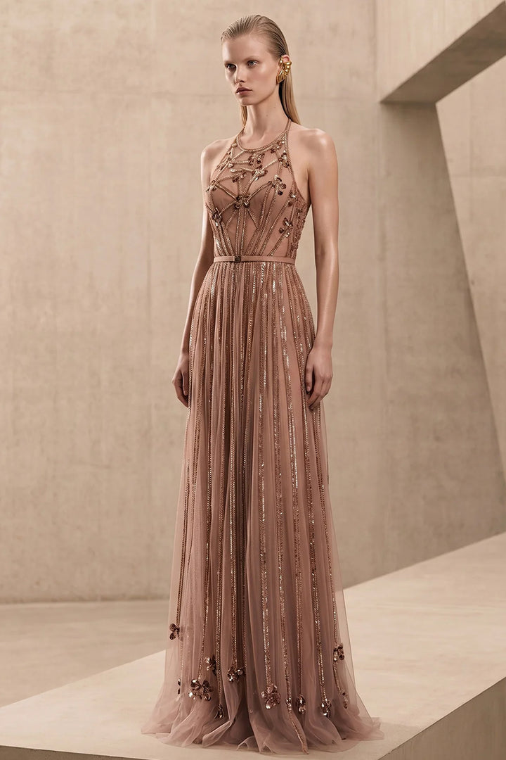 Sequinned Tulle A-Line Dress with Sheer Cape