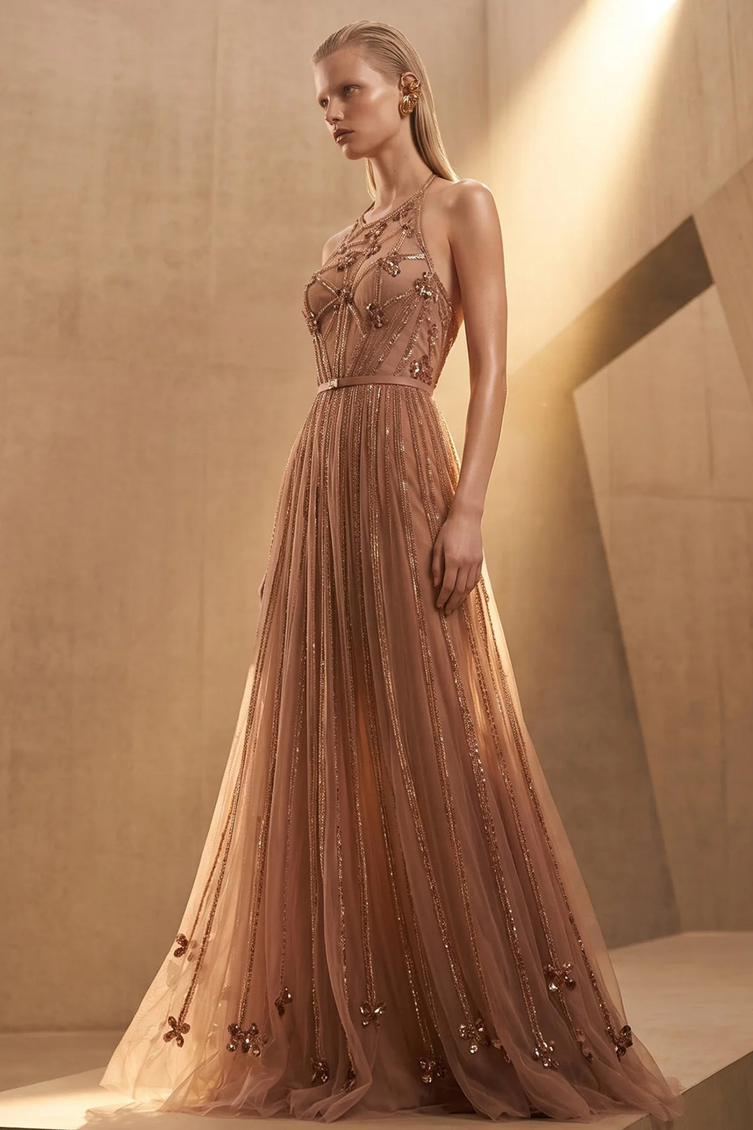 Sequinned Tulle A-Line Dress with Sheer Cape