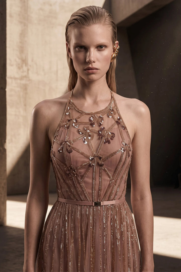 Sequinned Tulle A-Line Dress with Sheer Cape