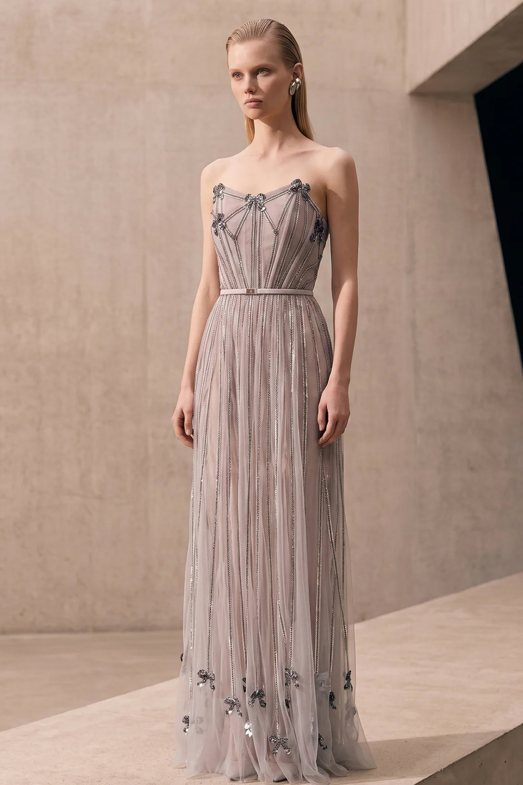 Sheer A-Line Dress with 3D Metallic Appliqués