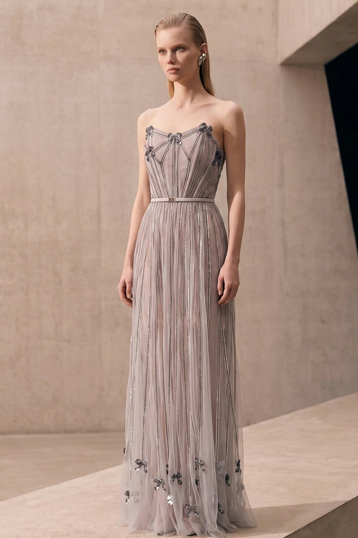 Sheer A-Line Dress with 3D Metallic Appliqués