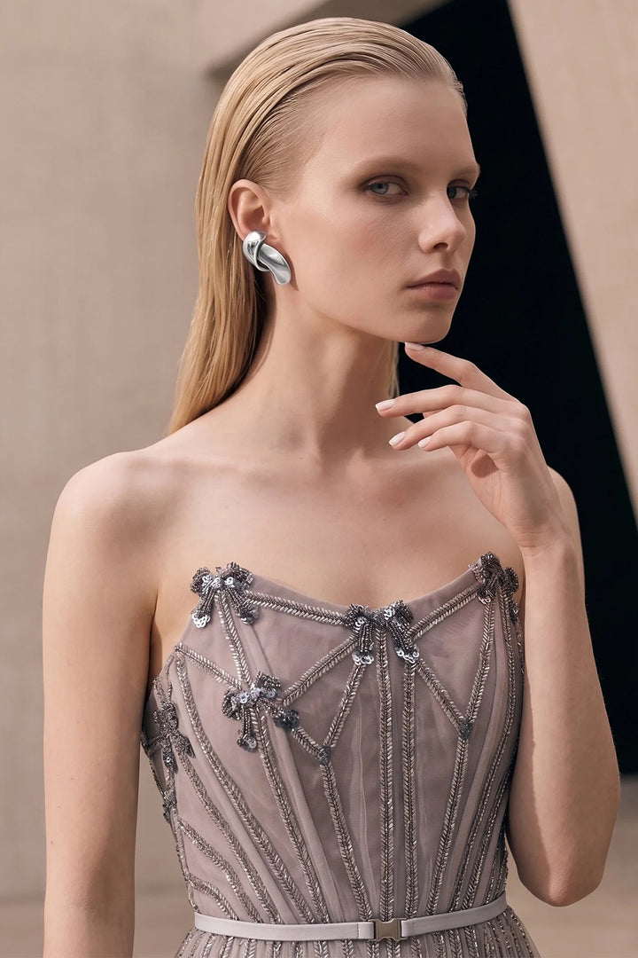 Sheer A-Line Dress with 3D Metallic Appliqués