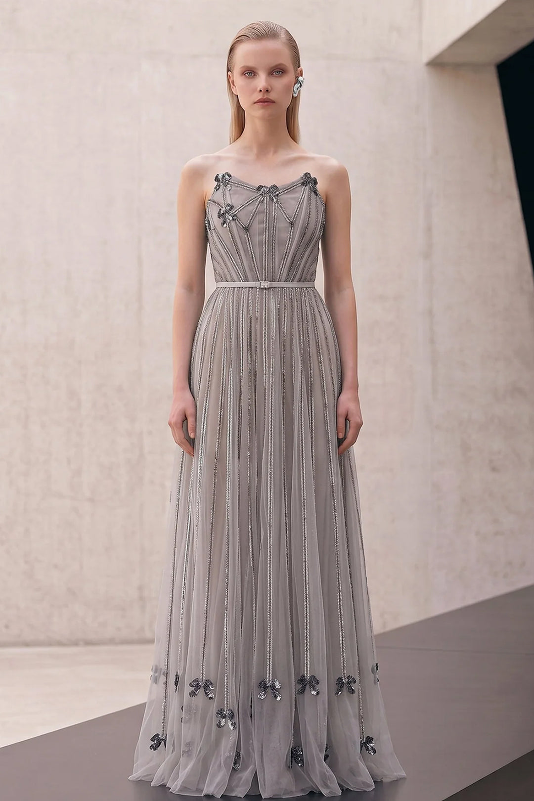 Sheer A-Line Dress with 3D Metallic Appliqués