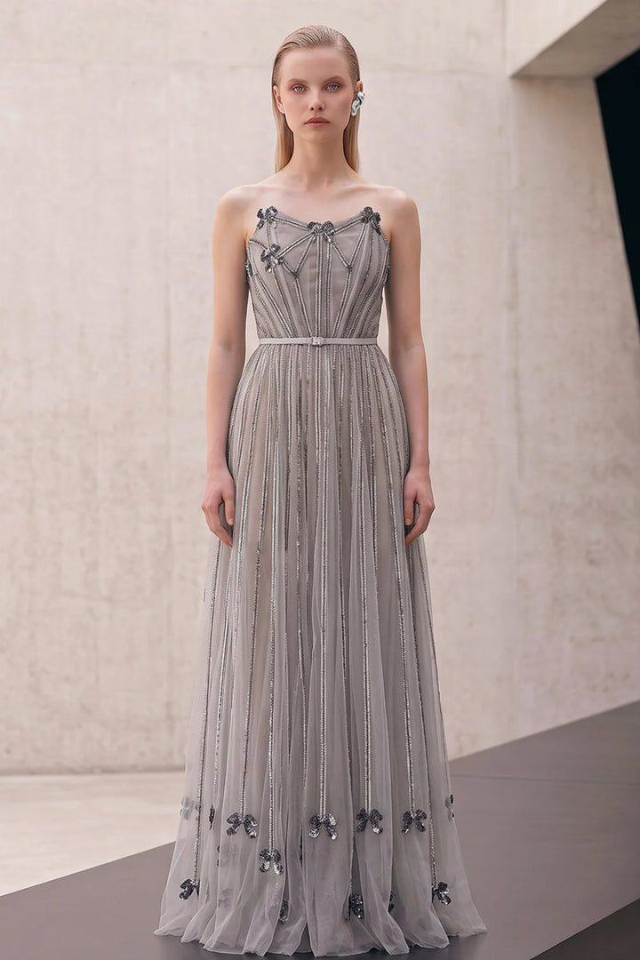 Sheer A-Line Dress with 3D Metallic Appliqués