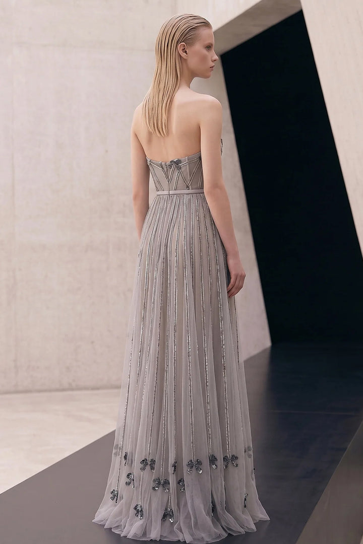 Sheer A-Line Dress with 3D Metallic Appliqués