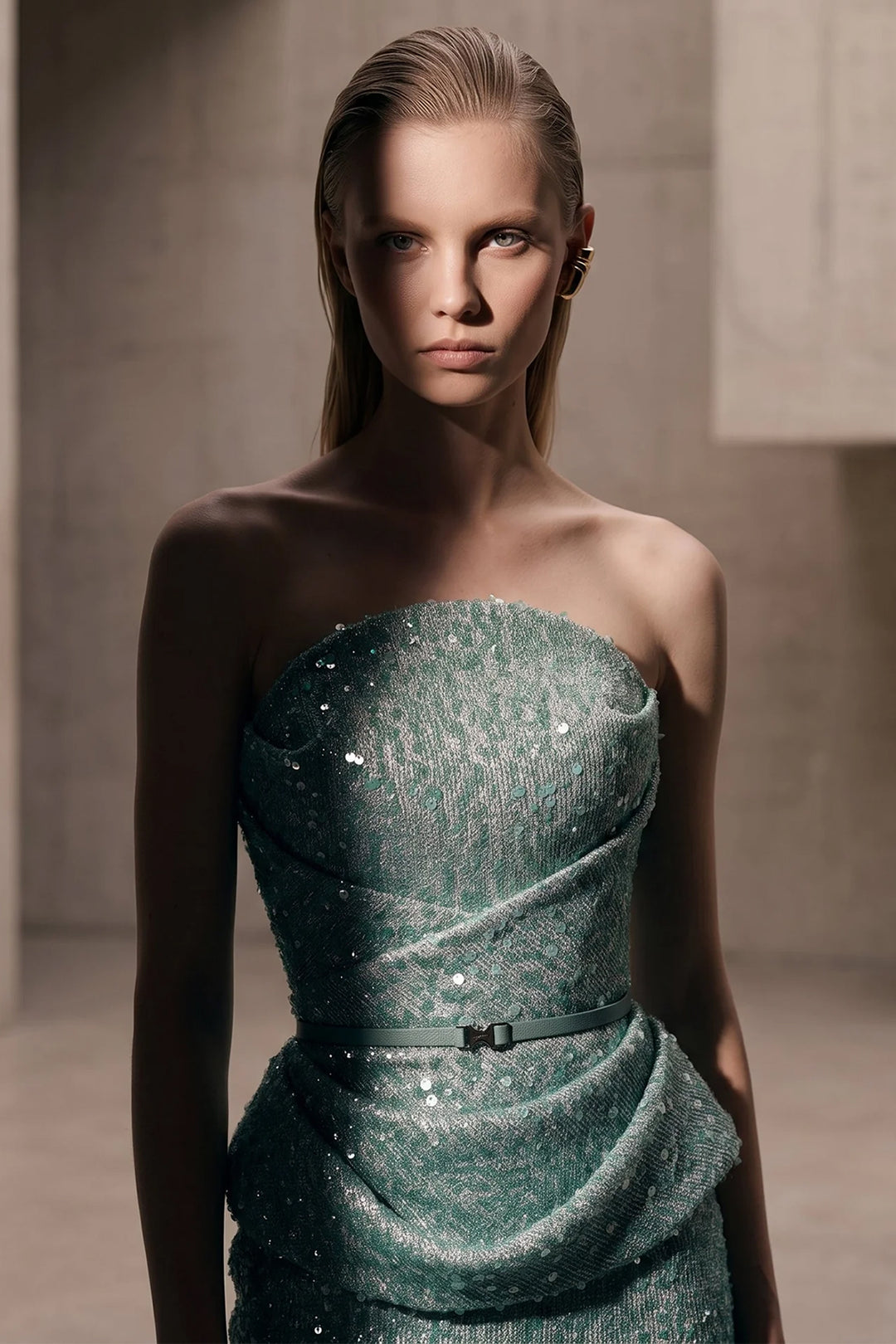 Belted Strapless with Mermaid Long Dress