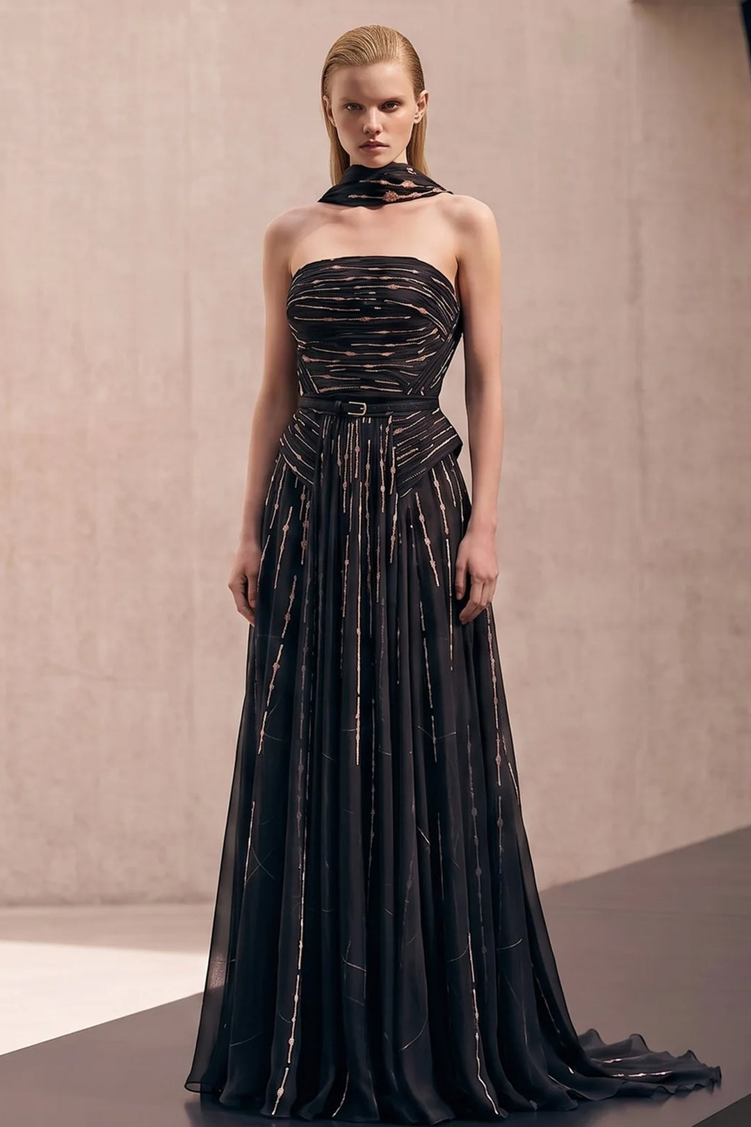 Sequinned Strapless A-Line Dress with Matching Scarf