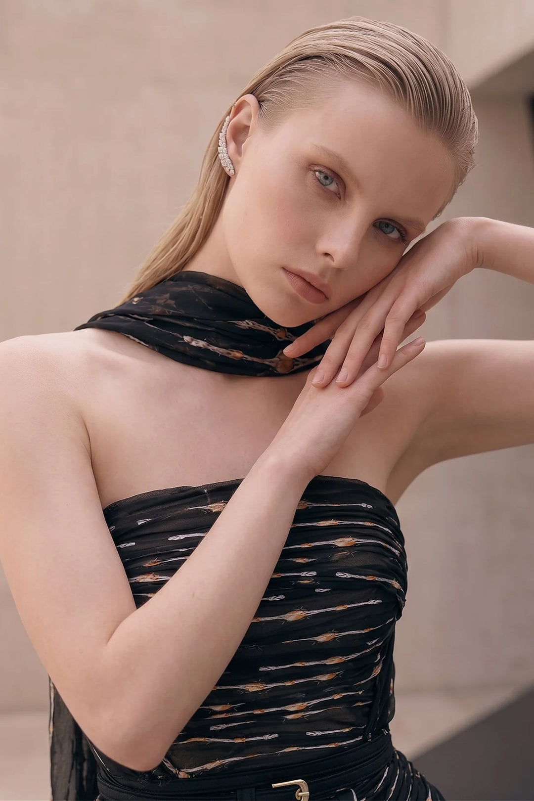 Sequinned Strapless A-Line Dress with Matching Scarf