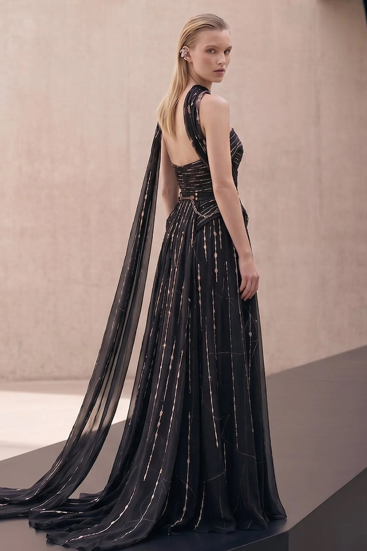Sequinned Strapless A-Line Dress with Matching Scarf