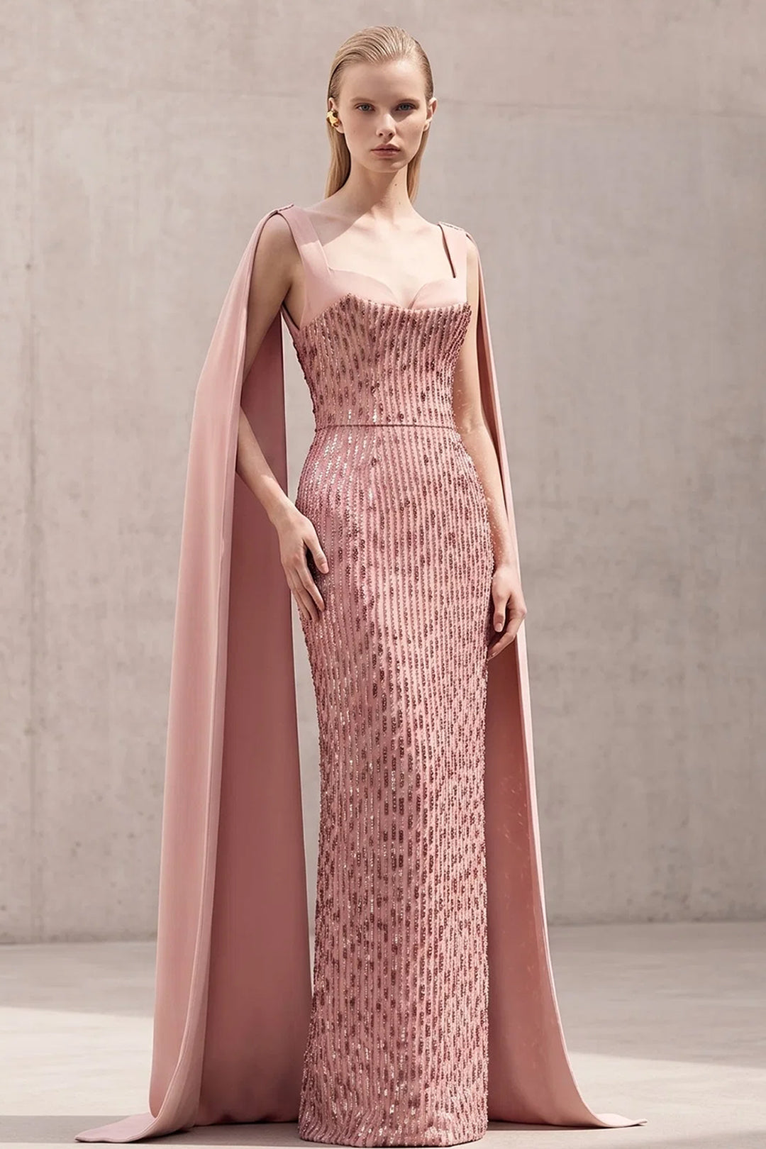 Sequinned Sweetheart Column Dress with Cape