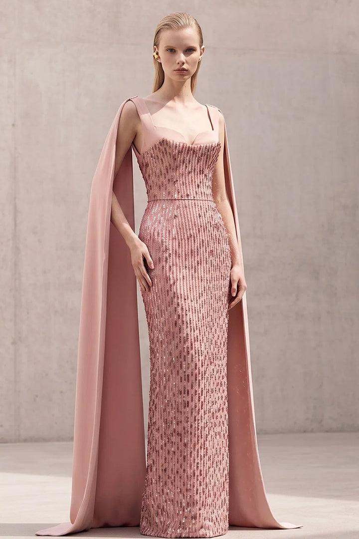 Sequinned Sweetheart Column Dress with Cape