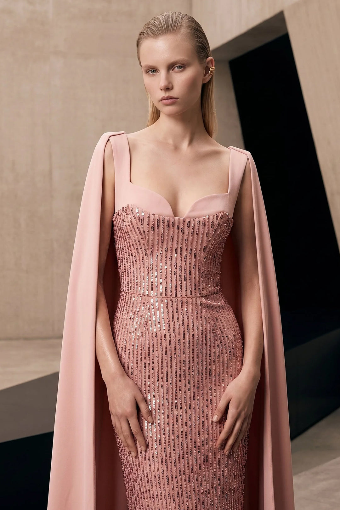 Sequinned Sweetheart Column Dress with Cape