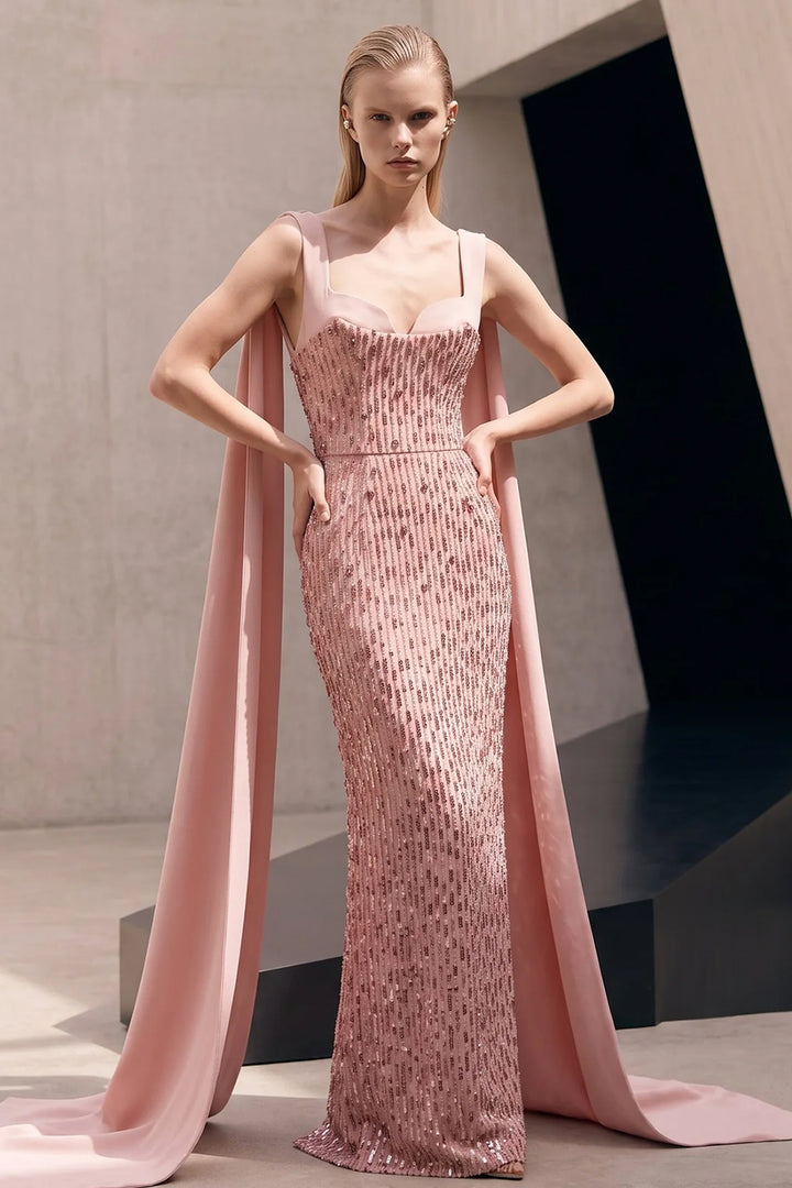 Sequinned Sweetheart Column Dress with Cape