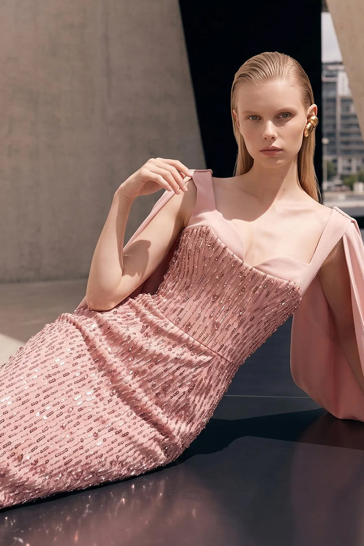Sequinned Sweetheart Column Dress with Cape