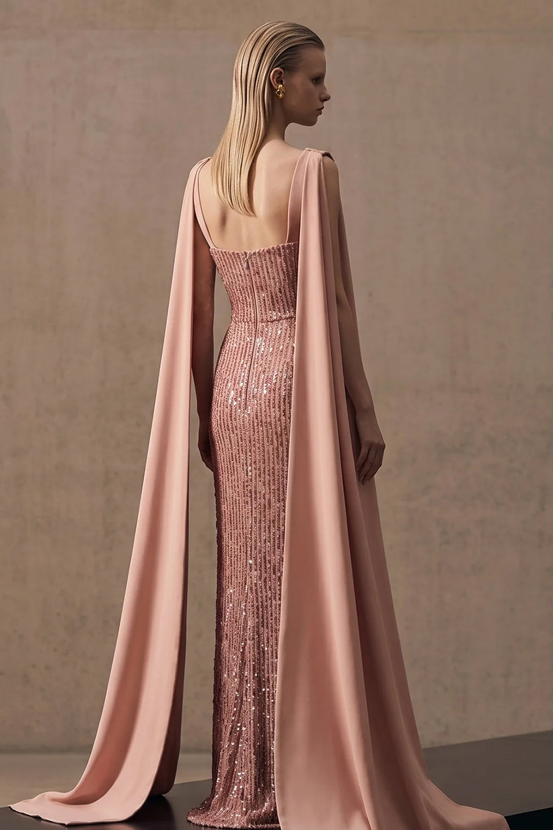 Sequinned Sweetheart Column Dress with Cape