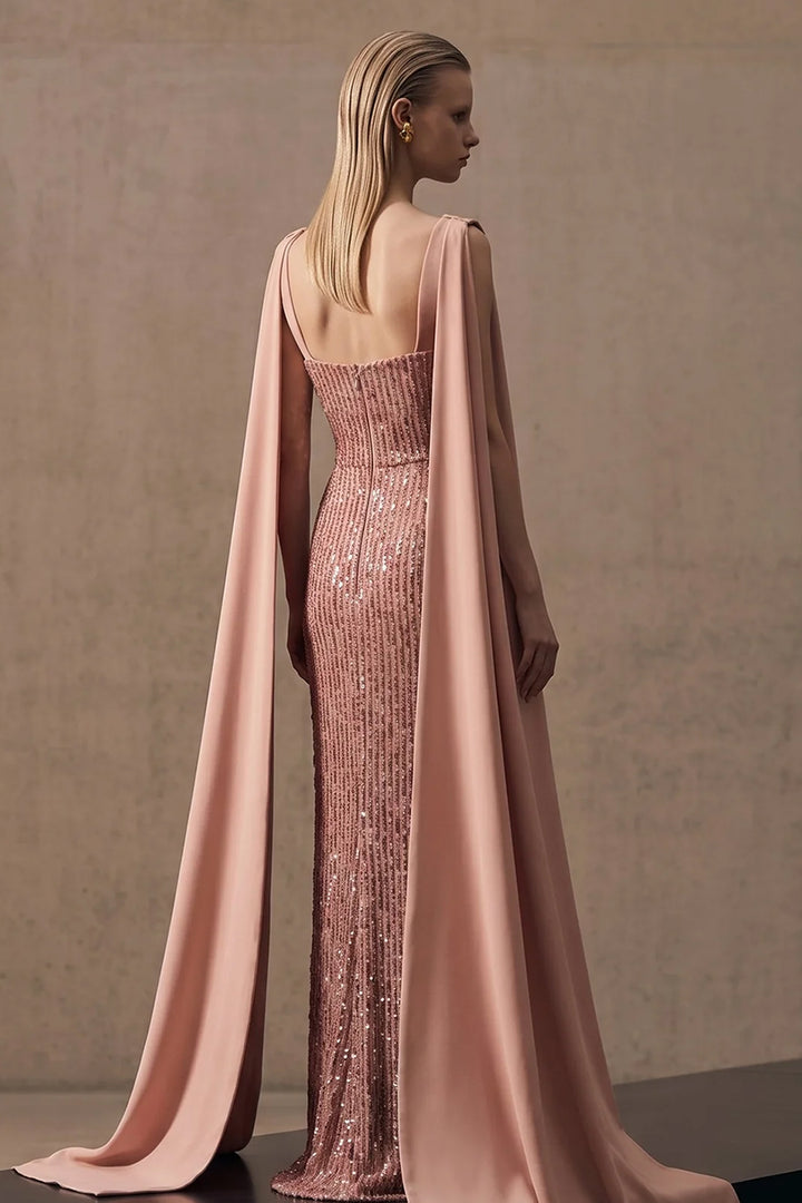 Sequinned Sweetheart Column Dress with Cape