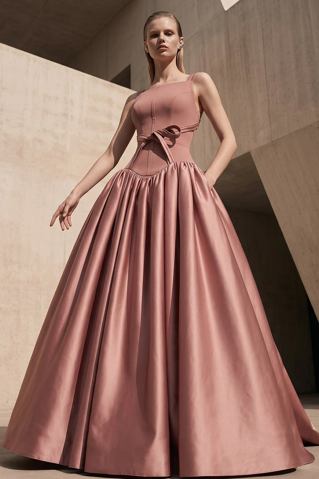 Square-Neck Taffeta A-Line Long Dress