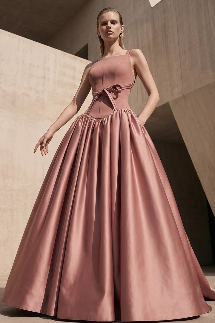 Square-Neck Taffeta A-Line Long Dress