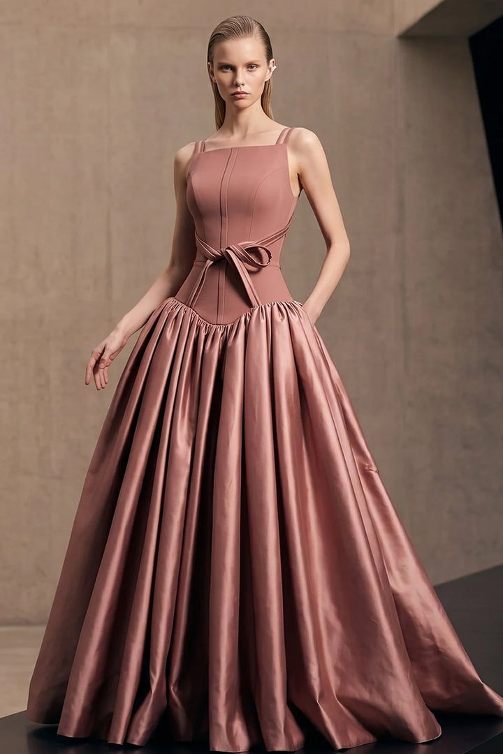 Square-Neck Taffeta A-Line Long Dress