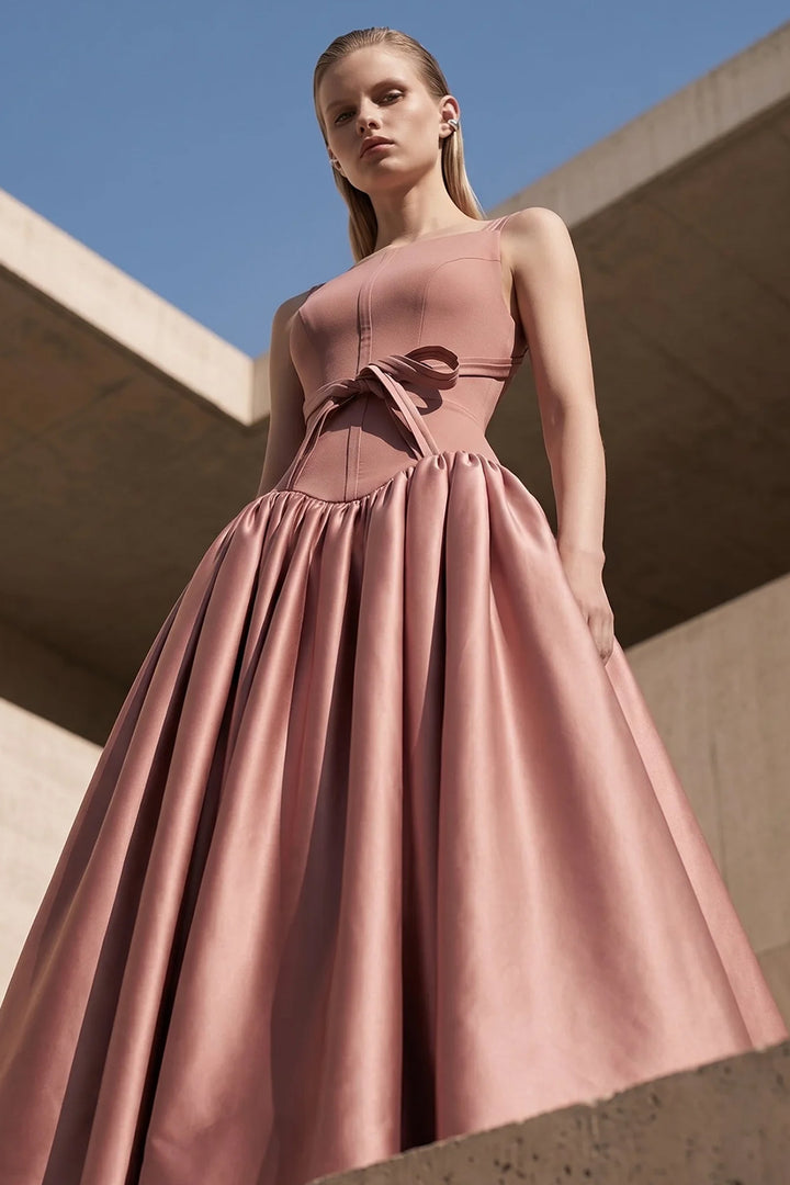 Square-Neck Taffeta A-Line Long Dress