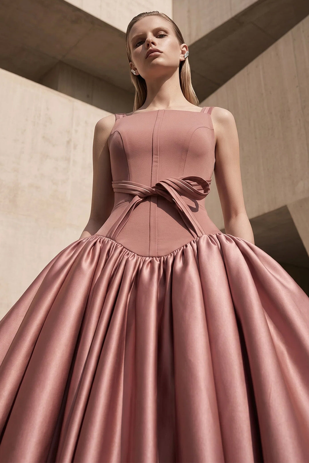 Square-Neck Taffeta A-Line Long Dress