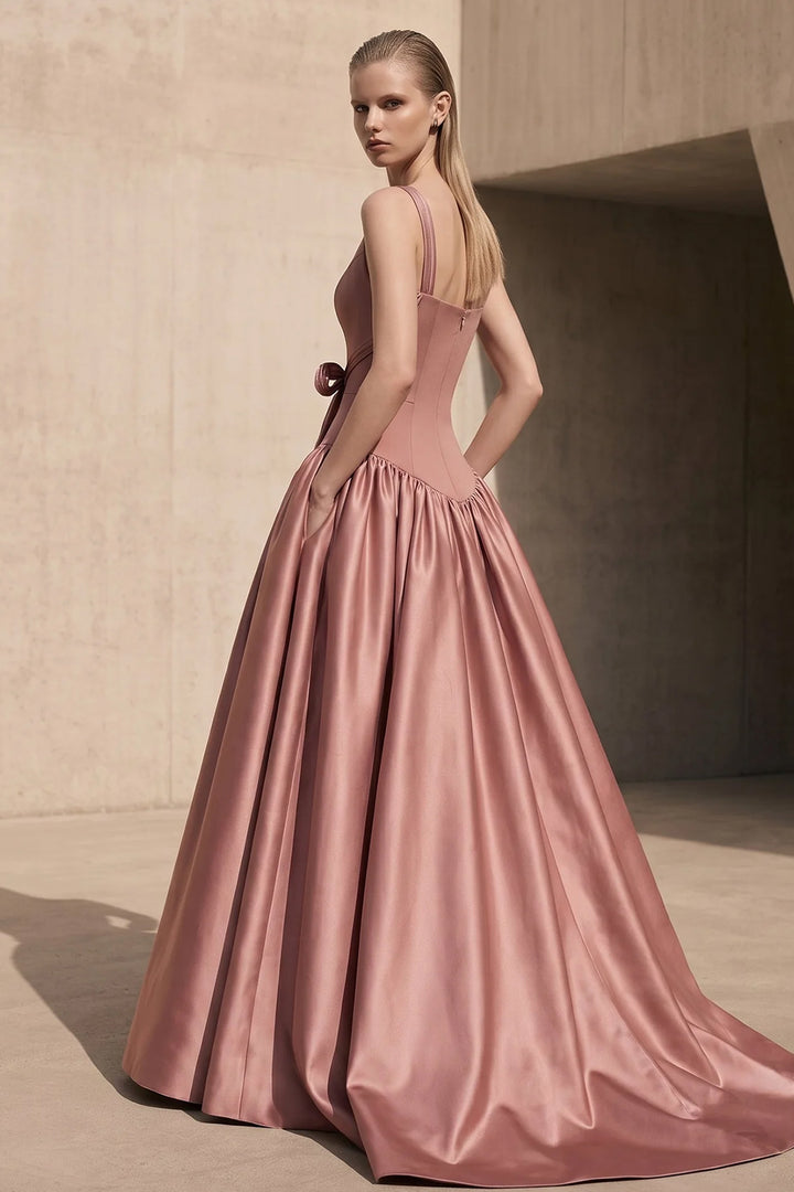 Square-Neck Taffeta A-Line Long Dress