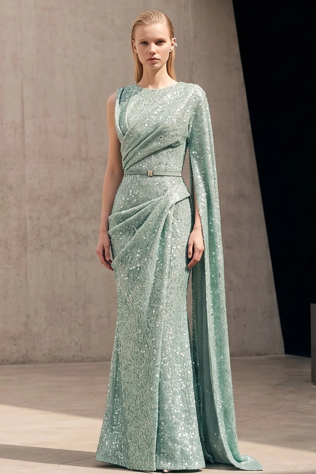 Asymmetrical High-Neck Dress with Floor-Length Cape