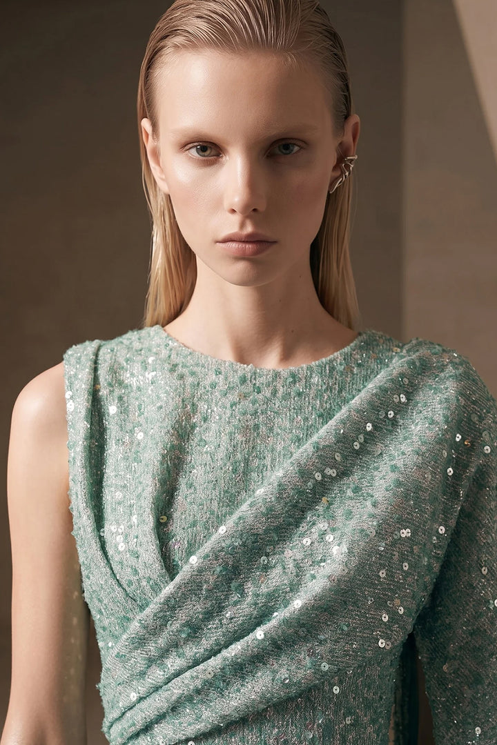 Asymmetrical High-Neck Dress with Floor-Length Cape