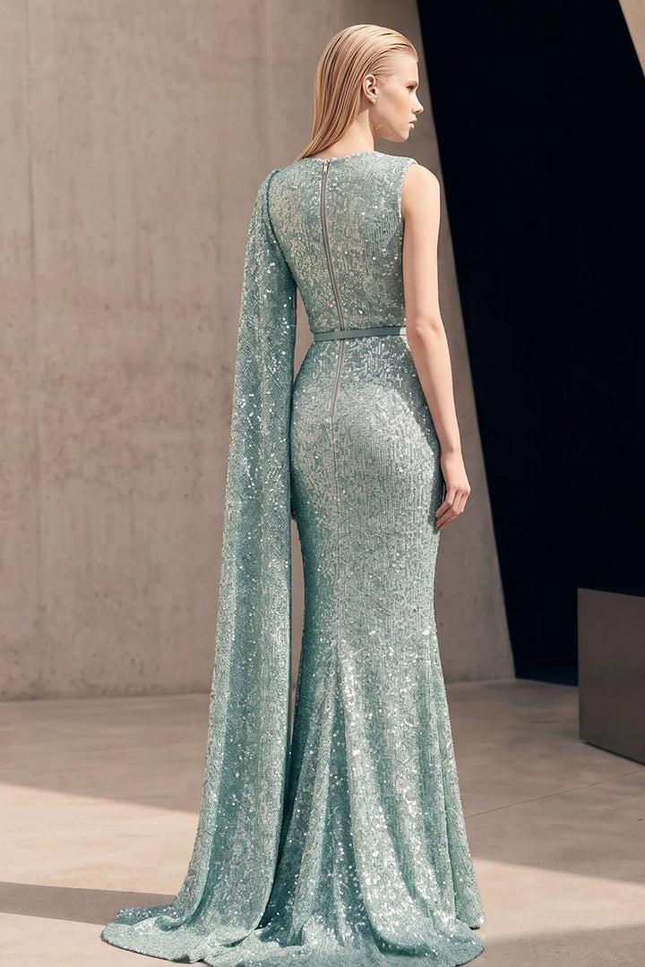 Asymmetrical High-Neck Dress with Floor-Length Cape